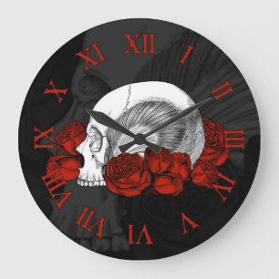 Skull och Röd ros Stor Klocka