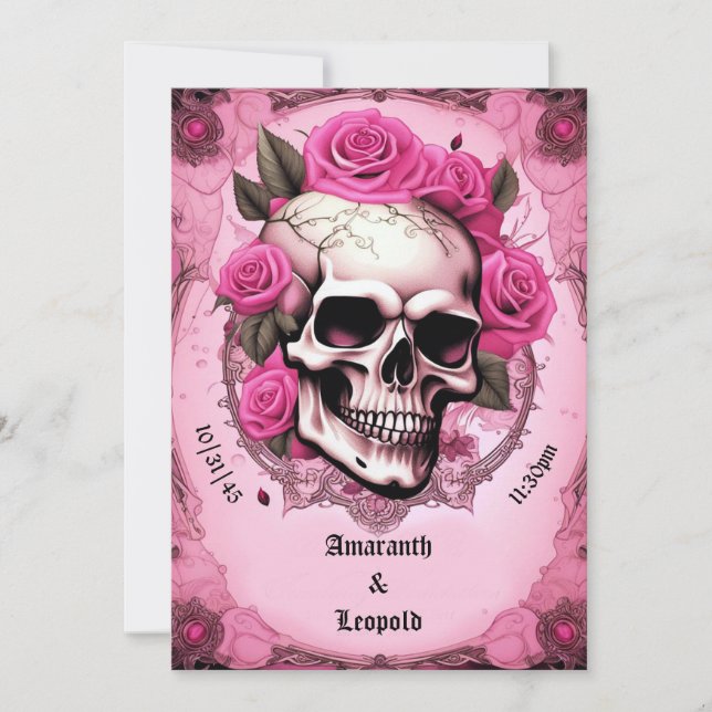 Skull och Rosa ros, det traditionella gotiska Bröl Inbjudningar (Framsida)
