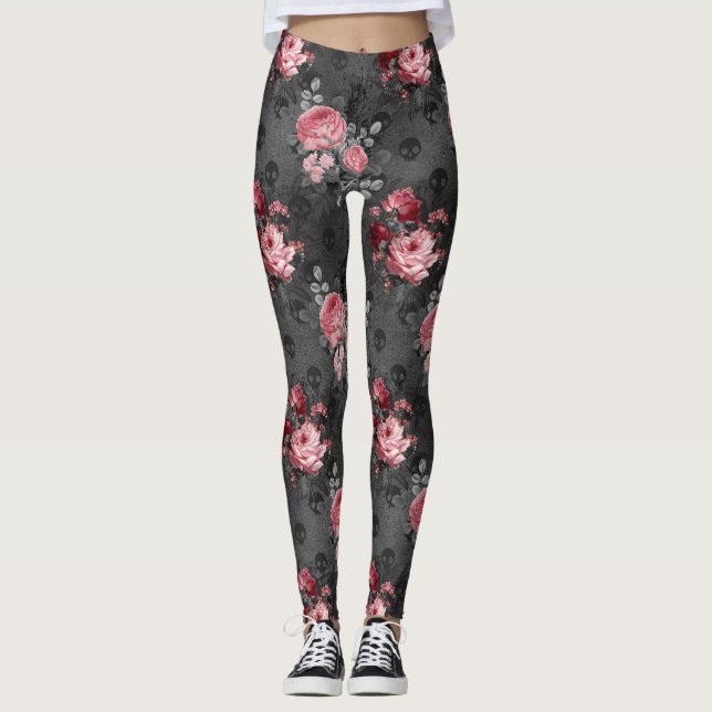 Skull och Rosa ros Garden Gothic Leggings (Framsida)
