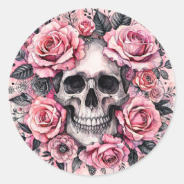 Skull och Rosa ros gotiic Runt Klistermärke