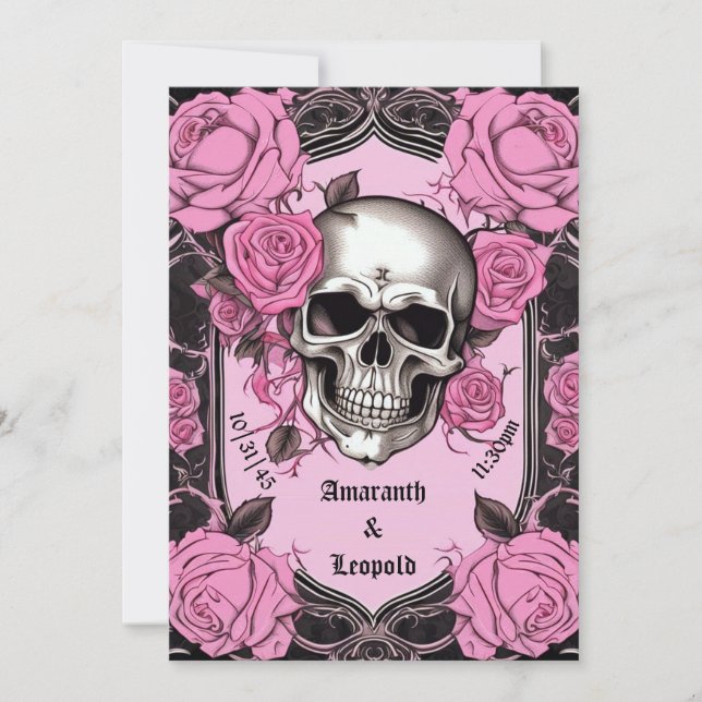 Skull och Rosa ros, traditionell gotisk Bröllop Inbjudningar (Framsida)