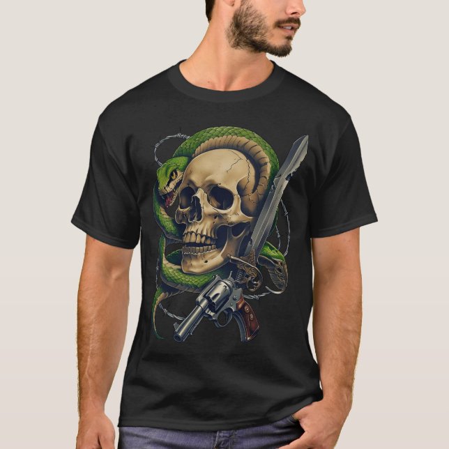 Skull och Snake Warrior - Mörk Gothic Gunslinger T Shirt (Framsida)