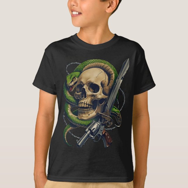 Skull och Snake Warrior - Mörk Gothic Gunslinger T Shirt (Framsida)