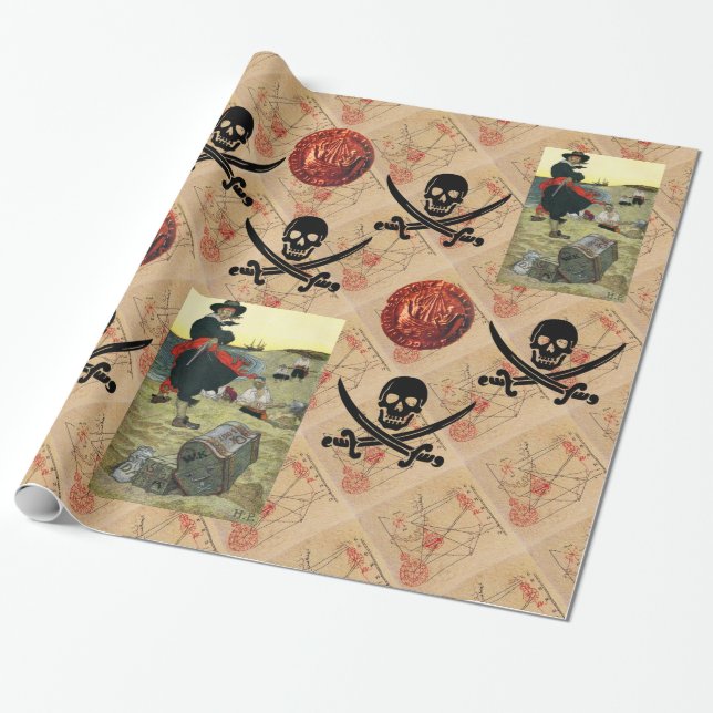SKULL OCH SWORDER ,PIRATER TREASURE KARTA PARCHMEN PRESENTPAPPER (Utrullad)