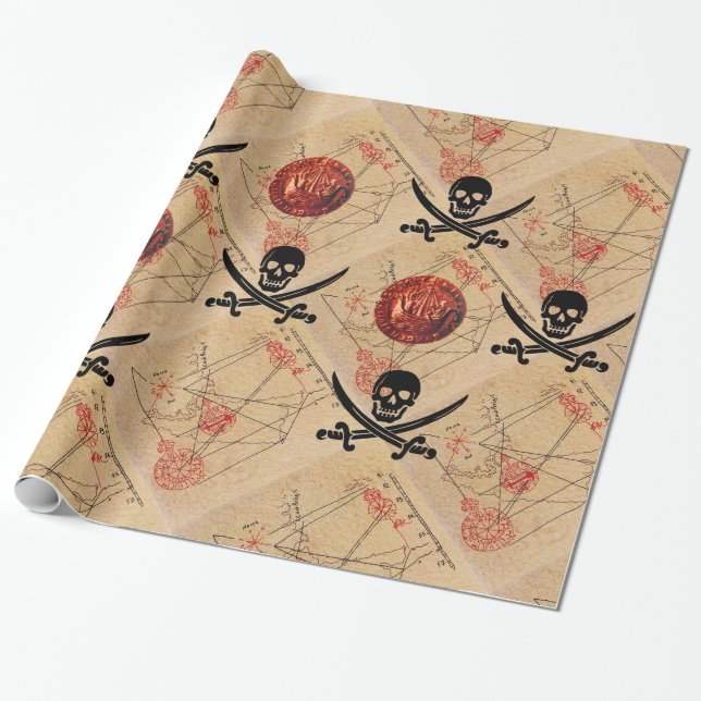 SKULL OCH SWORDER ,PIRATER TREASURE KARTA PARCHMEN PRESENTPAPPER (Utrullad)