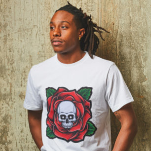 Skull och Vibrant Röd ros T Shirt