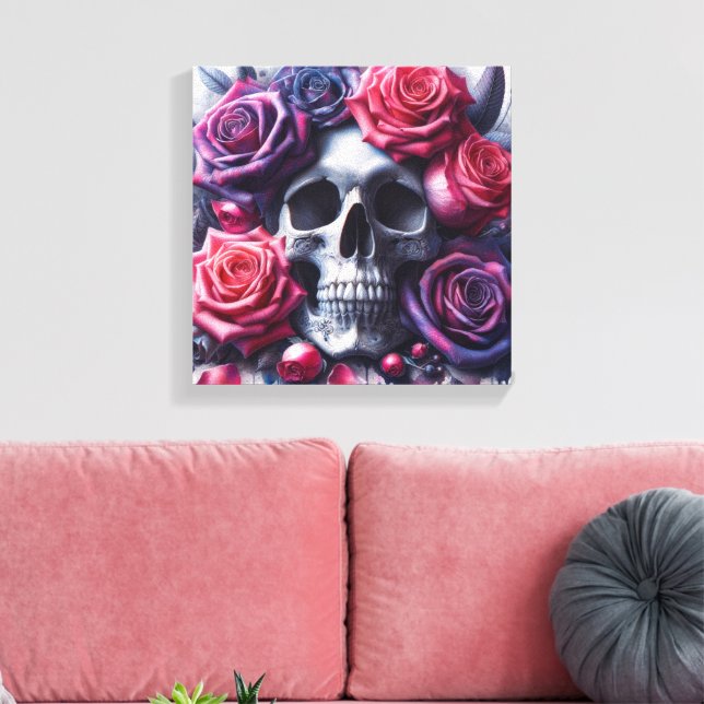 Skull omgiven av Vibrant Ro Canvastryck (Insitu (Vardagsrum))