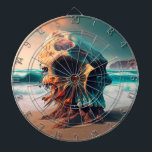 Skull on the beach darttavla<br><div class="desc">A large skull sits on top of the sand in the ocean,  in the style of surreal 3d landscapes,  intense color palette,  redshift,  vibrant illustrations,  photo-realistic landscapes,  textural explorations</div>