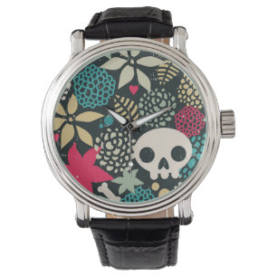 Skull på blommor armbandsur