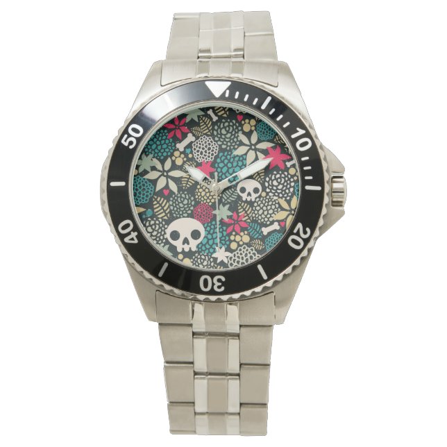 Skull på blommor armbandsur (Framsida)