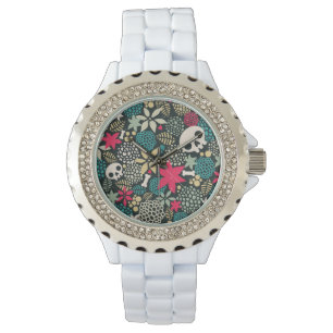 Skull på blommor armbandsur