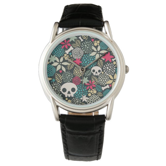 Skull på blommor armbandsur (Framsida)