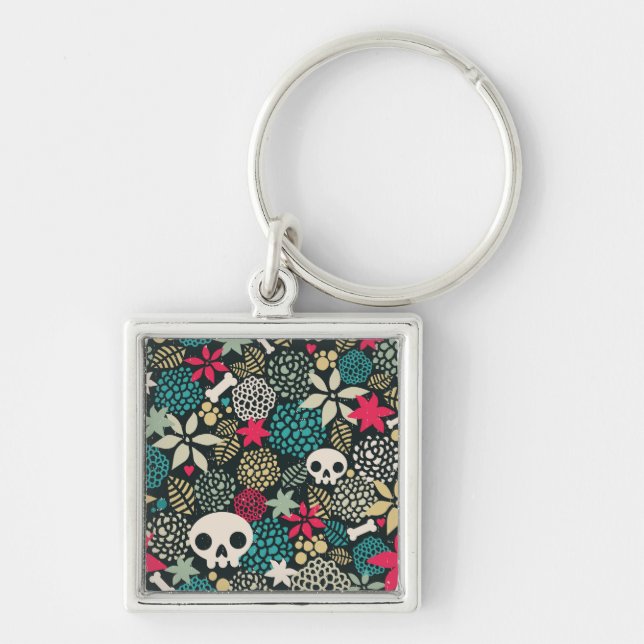 Skull på blommor fyrkantig silverfärgad nyckelring (Framsidan)