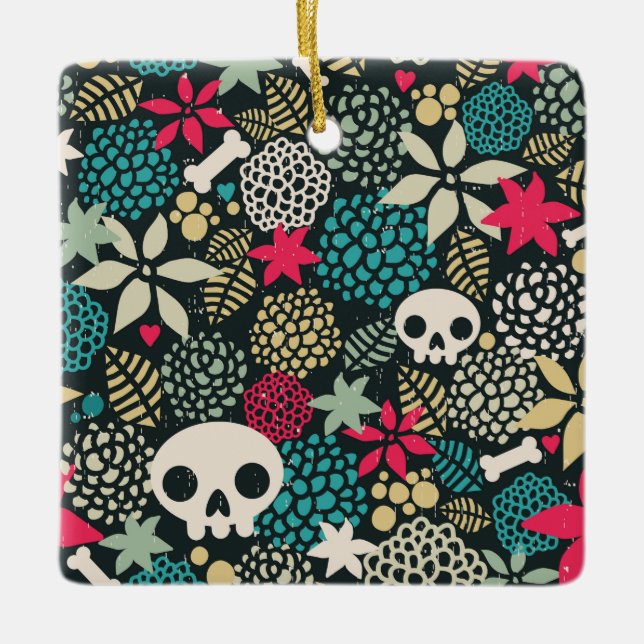 Skull på blommor julgransprydnad keramik (Framsida)