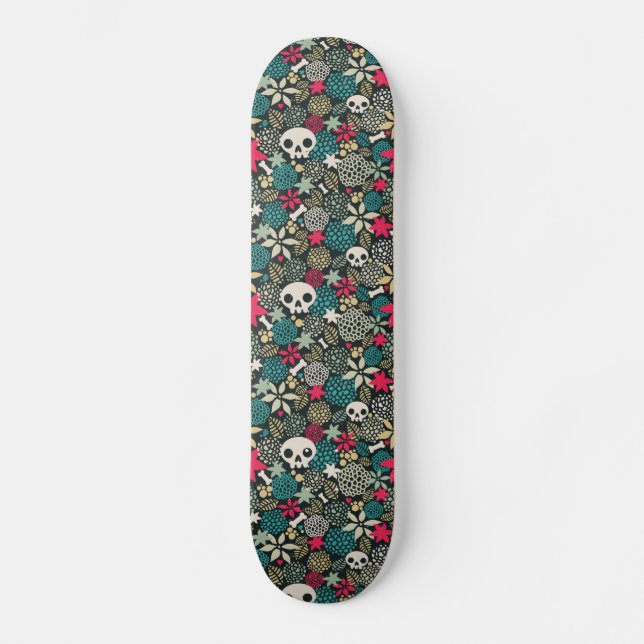Skull på blommor mini skateboard bräda 18,5 cm (Framsida)