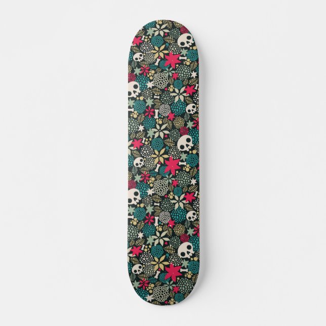 Skull på blommor mini skateboard bräda 18,5 cm (Framsida)