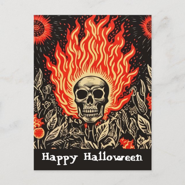 Skull på Fire Linocut Art Happy halloween Vykort (Framsida)