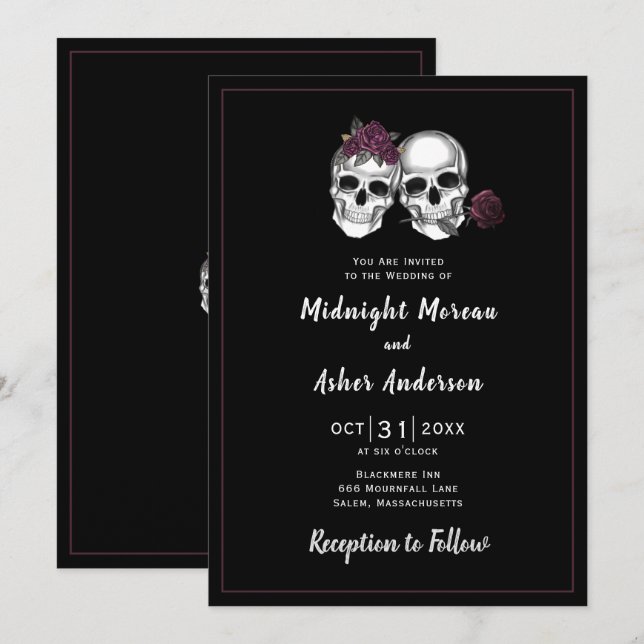 Skull par Roses Gothic Wedding Inbjudningar (Fram/baksida)