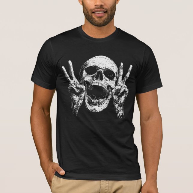 Skull Peace Händer, Mörk Gothic Halloween T Shirt (Framsida)
