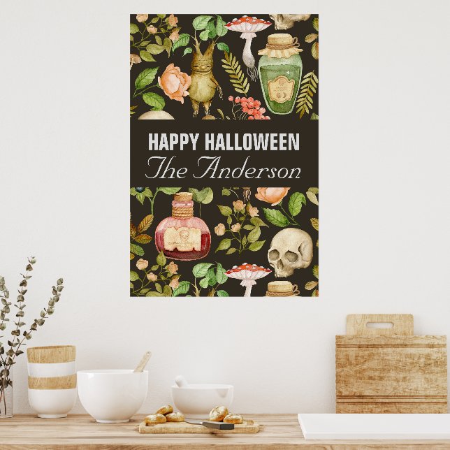 Skull Plant Mushroom Flower Abstrakt Halloween Poster (Kök)