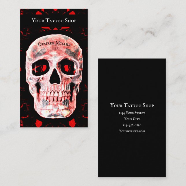 Skull Pop Art Gothic Black Red Modern Tatto Shop Visitkort (Fram/baksida)