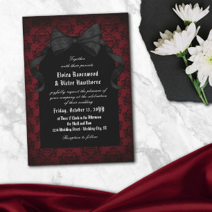 Skull Red Damask Black Bow Goth Bröllop Inbjudningar