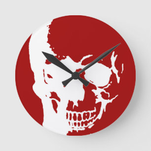 Skull - Red & White Metall Fantasy Art Rund Klocka