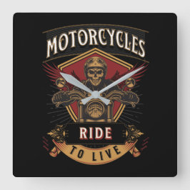 Skull Ride Motorcycles, Ride To Live Fyrkantig Klocka