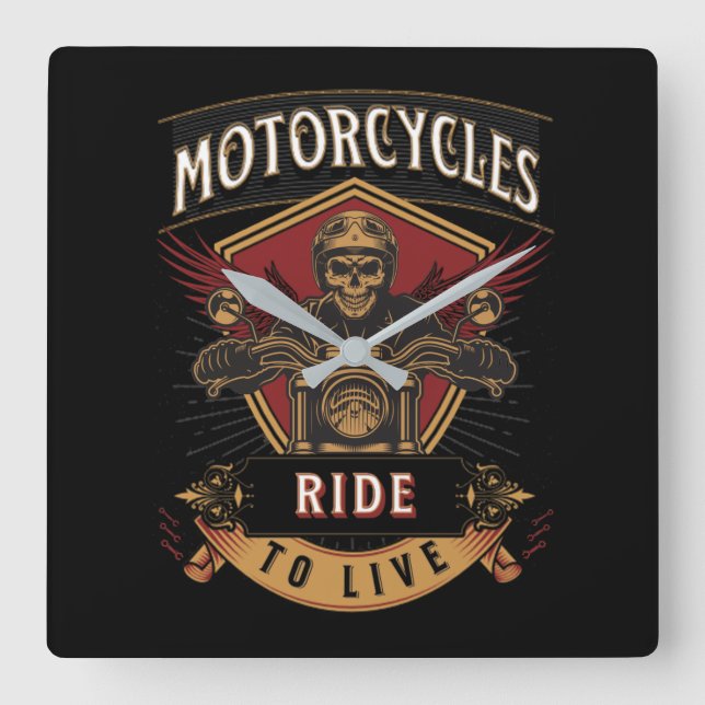 Skull Ride Motorcycles, Ride To Live Fyrkantig Klocka (Framsida)