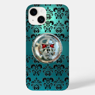 SKULL RIDERS BLACK TEAL BLUE DAMASK BLOMMIGT