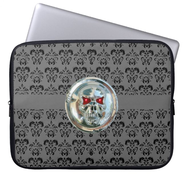 SKULL RIDERS DAMASK grått black Laptop Sleeve (Framsidan)