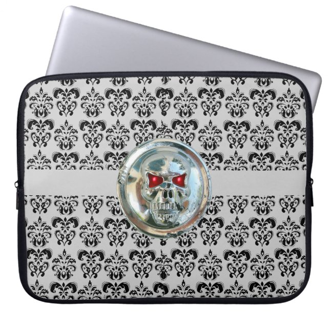 SKULL RIDERS DAMASK grått black Laptop Sleeve (Framsidan)