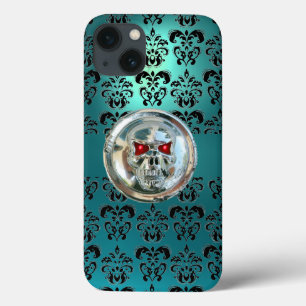 SKULL RIDERS TEAL TURQUOISE BLUE DAMASK Red Black
