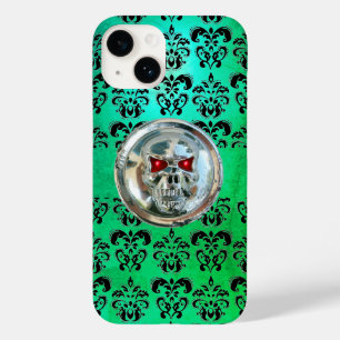 SKULL RIDERS TEAL TURQUOISE BLUE DAMASK Red Black