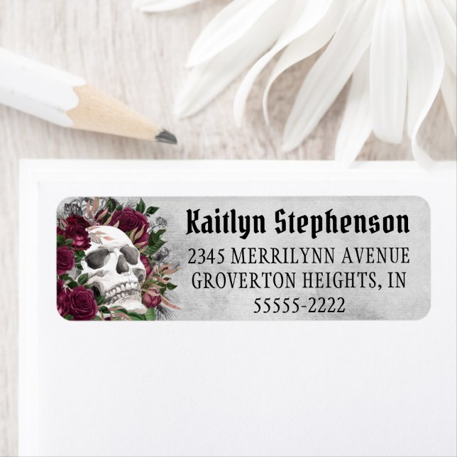 Skull Ro Gothic Burgundy Maroon Grått-etikett Returadress Etikett (Insitu)