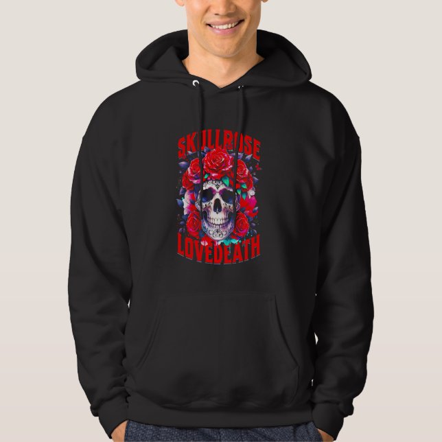 Skull Ro Kärlek Död Ro Skeleton Red Flower Ros Hoodie (Framsida)