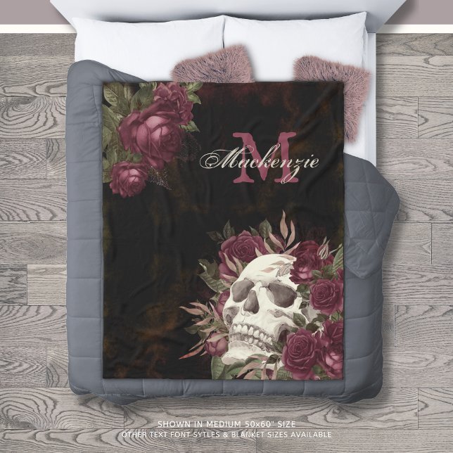 Skull Ro Monogram Namn Burgundy Grunge Mörk Fle Fleecefilt (Skapare uppladdad)