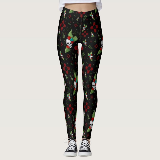 Skull Ro Zia Sol Greenery Black New mexico Leggings (Framsida)