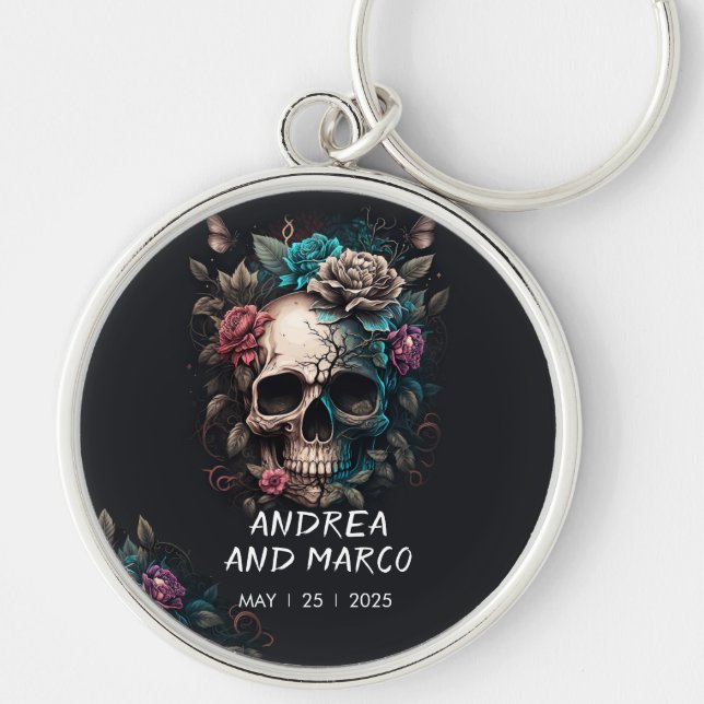 Skull Rock and roll Gothic Wedding Favor Rund Silverfärgad Nyckelring (Framsidan)