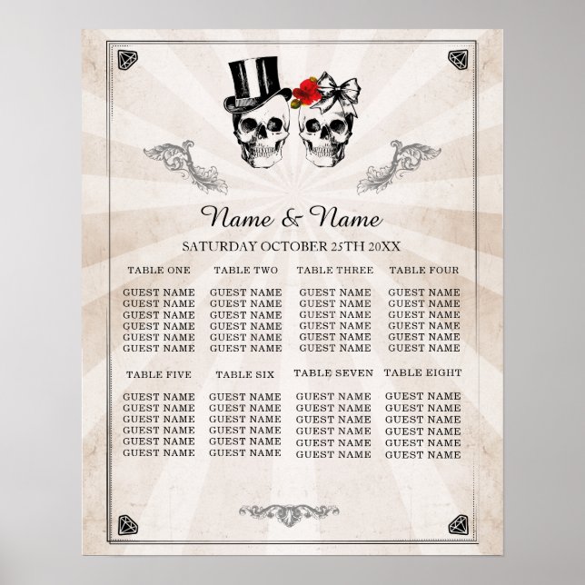 Skull Röd ros 8 Bord-planen Bröllop Poster sittpla (Framsidan)