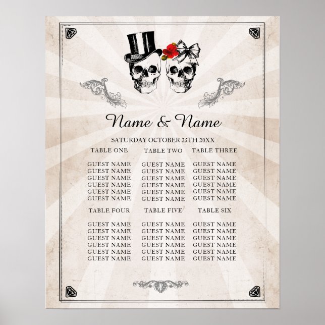Skull Röd ros Bord-planen Bröllop Poster sittplats (Framsidan)