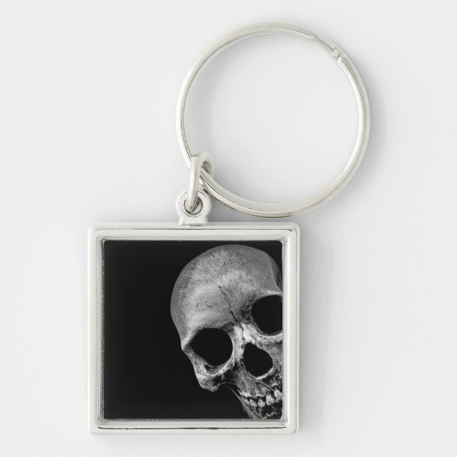 Skull - roligt fyrkantig silverfärgad nyckelring (Framsidan)