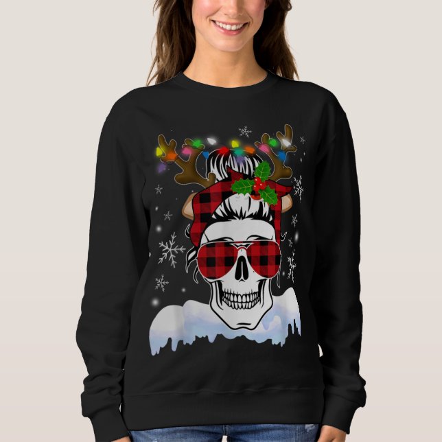Skull Santa Hat Reindeer jul Ljus Red Buff T Shirt (Framsida)