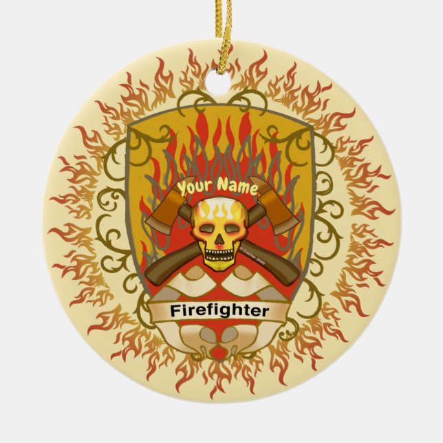 Skull Shield Firefighter Julgransprydnad Keramik (Framsidan)