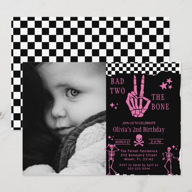 Skull Skeleton Bad to the Bone 2nd Birthday  Inbjudningar (Fram/baksida)