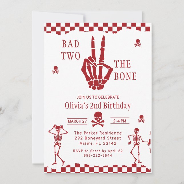 Skull Skeleton Bad to the Bone 2nd Birthday  Inbjudningar (Framsida)