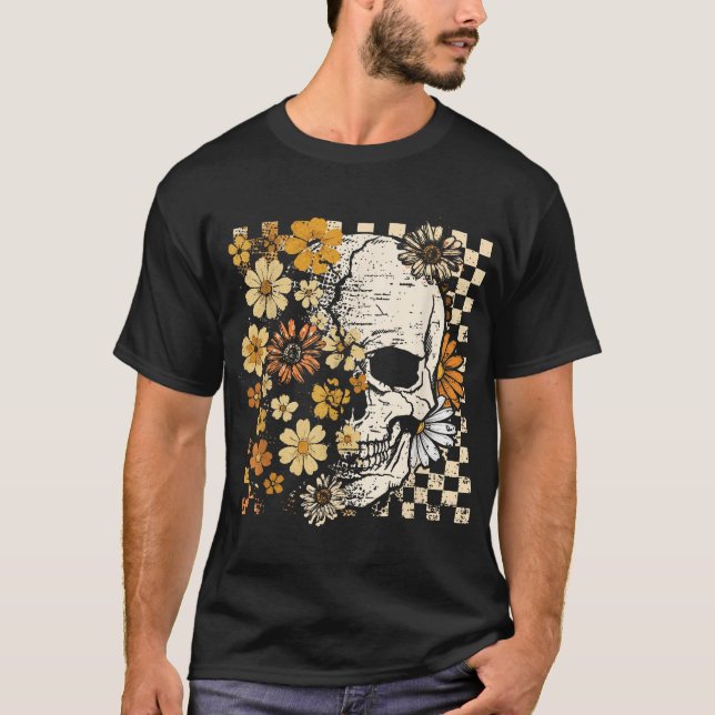 Skull Skeleton Floral Fall Autumn Spooky Halloween T Shirt (Framsida)
