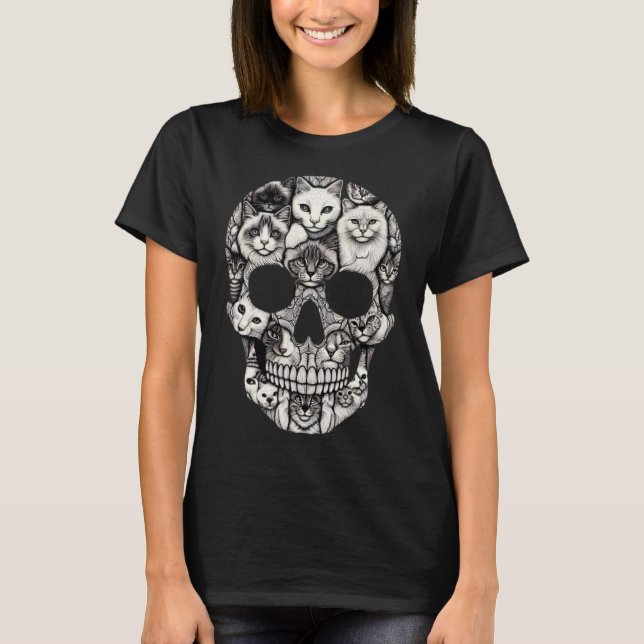 Skull Skeleton Halloween Costume Skull Cat T Shirt (Framsida)