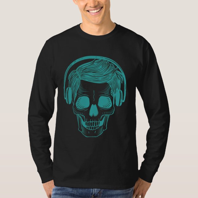 Skull Skeleton Headphones Music Musician T Shirt (Framsida)