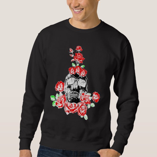 Skull Skeleton skalle ro rosor blommor kärlek Lång Ärmad Tröja (Framsida)